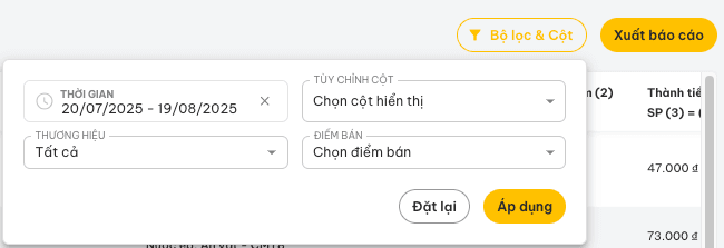 Giao diện báo cáo với bộ lọc và tùy chọn xuất file Excel