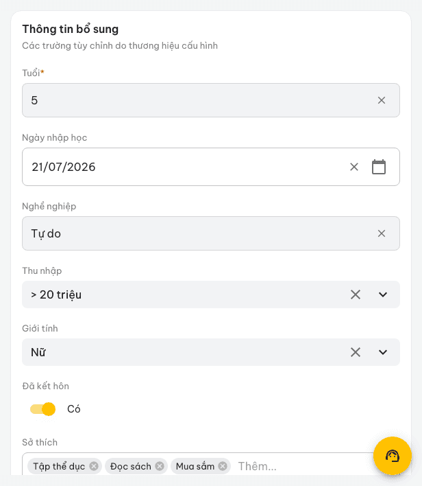 Chỉnh sửa các trường trong thẻ Thông tin bổ sung