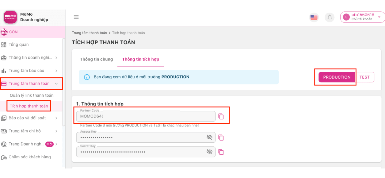 Lấy Partner Code trong Trung tâm thanh toán của MoMo
