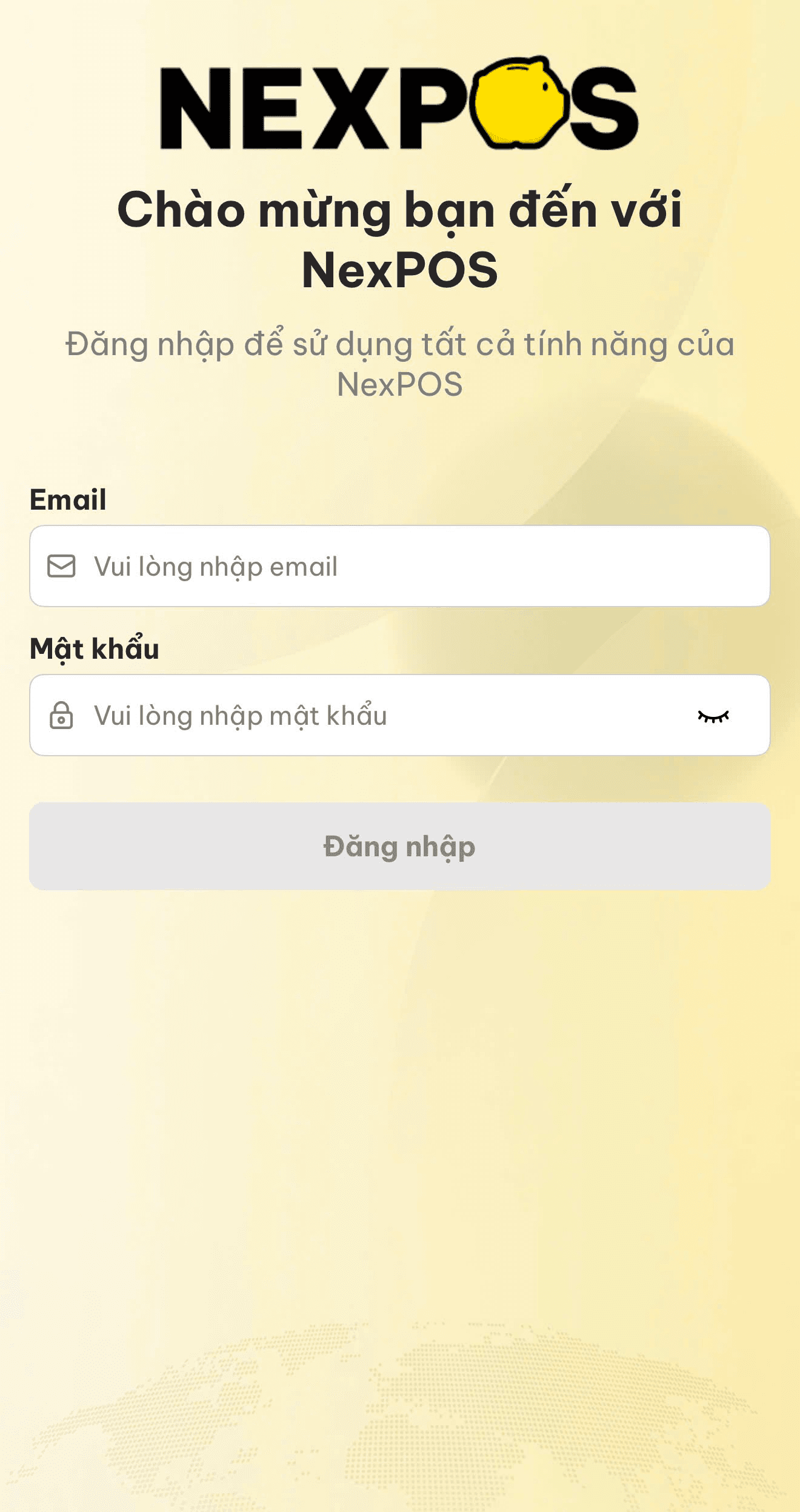 Màn hình đăng nhập NexPOS trên ứng dụng di động