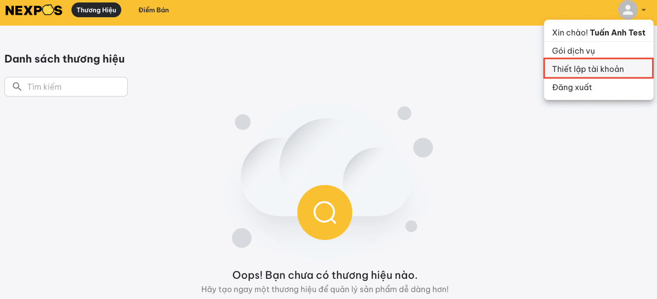 Biểu tượng tài khoản và menu Thiết lập tài khoản trên NexPOS Web