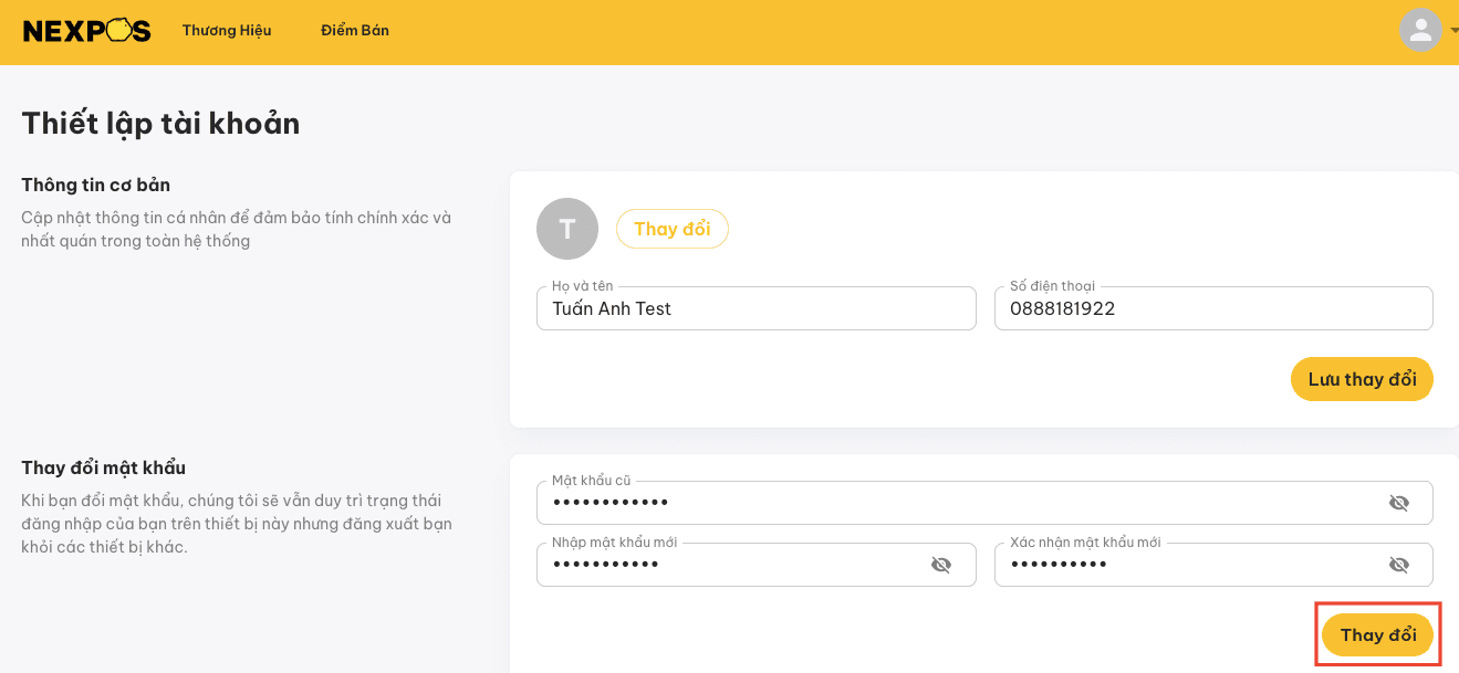 Màn hình Thiết lập tài khoản trên NexPOS Web