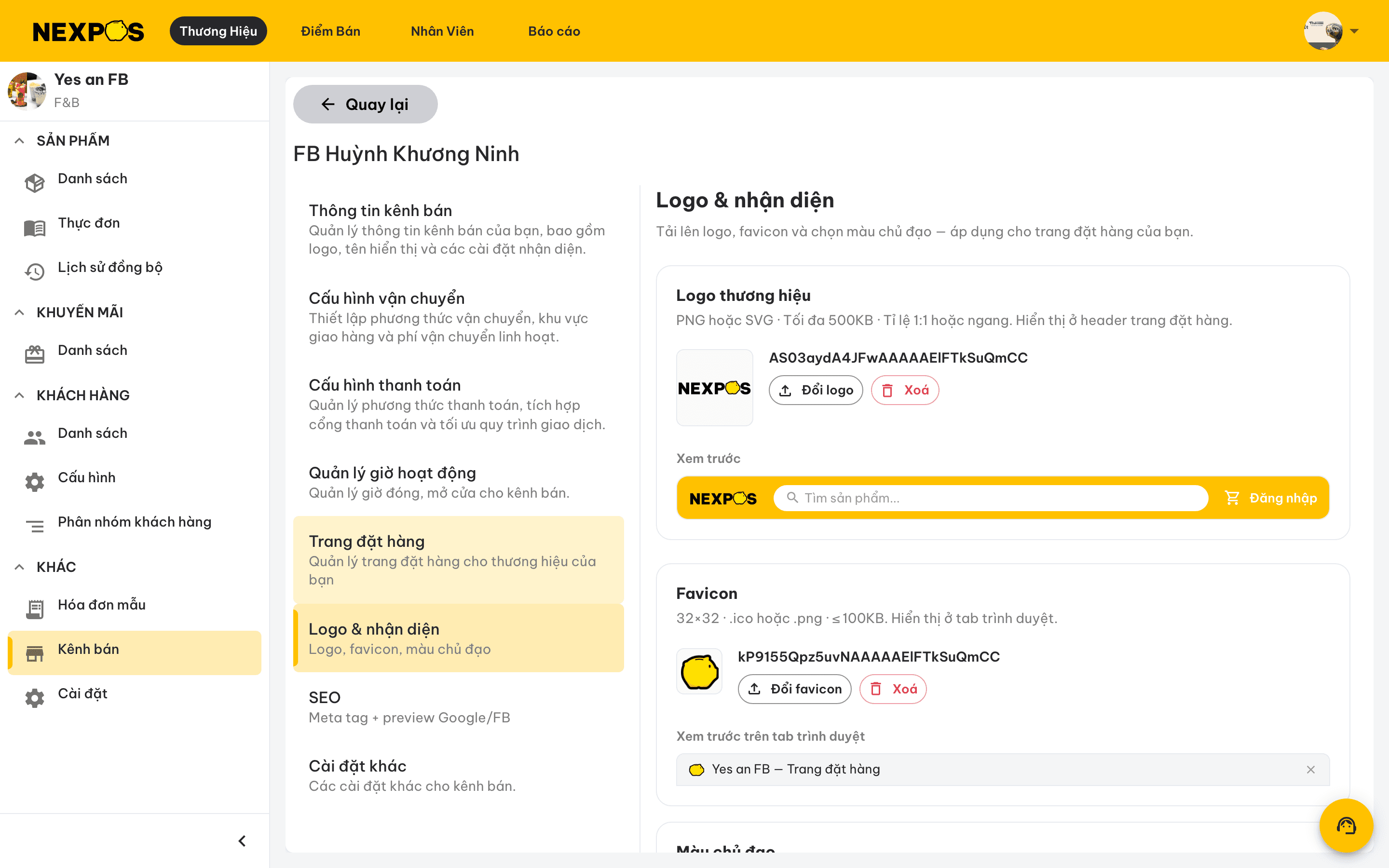 Thiết lập logo, favicon và màu chủ đạo cho kênh F&B