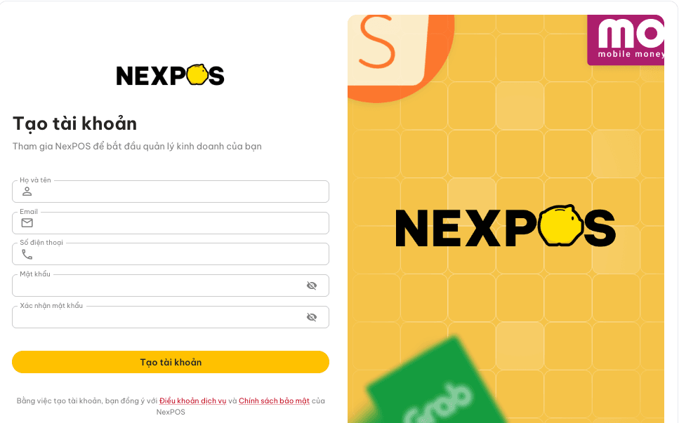 Màn hình đăng nhập NexPOS với tùy chọn Đăng ký