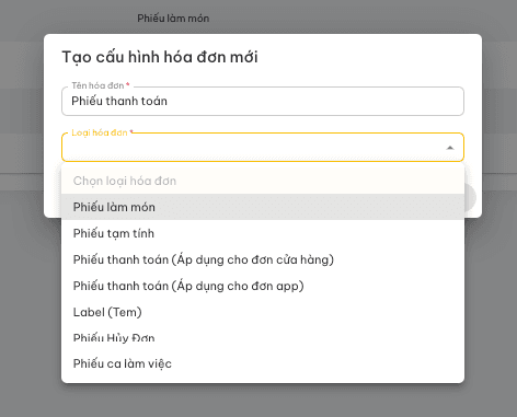 Màn hình khai báo cấu hình mẫu in với tên hóa đơn và loại mẫu in