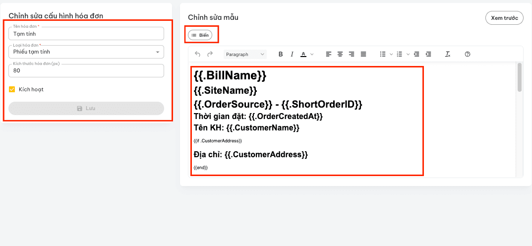 Màn hình cập nhật thông tin mẫu in với các tùy chọn tùy chỉnh