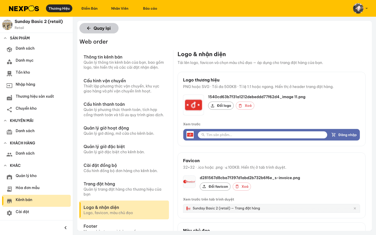 Thiết lập logo, favicon và màu chủ đạo