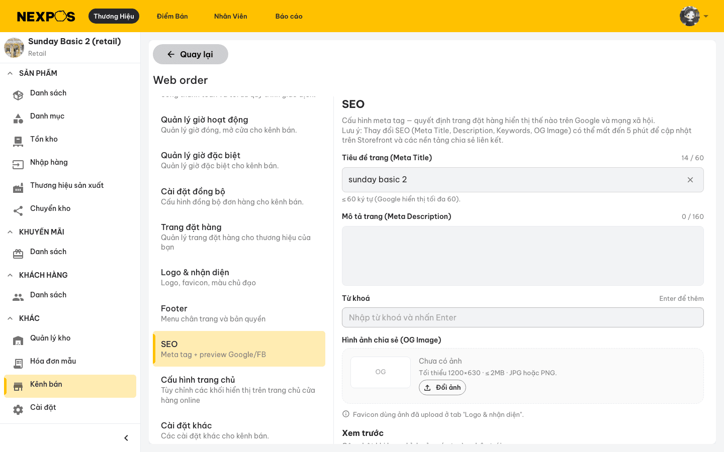 Cấu hình SEO và khung xem trước Google/Facebook