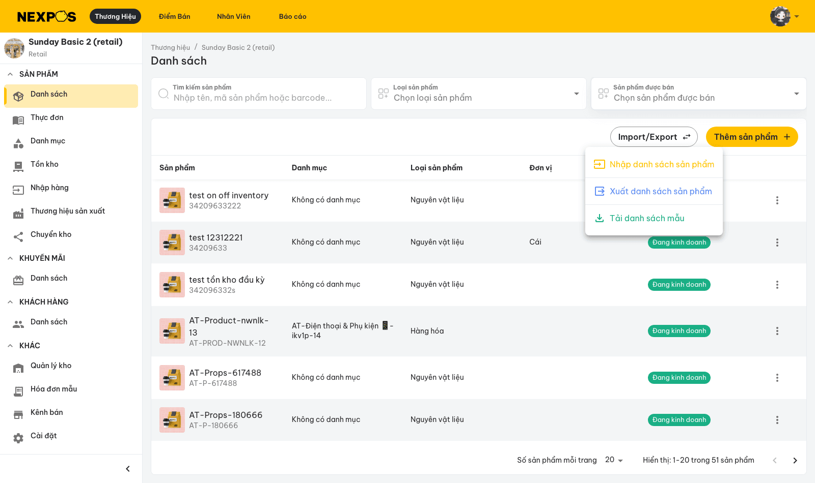 Menu Import/Export trên danh sách sản phẩm