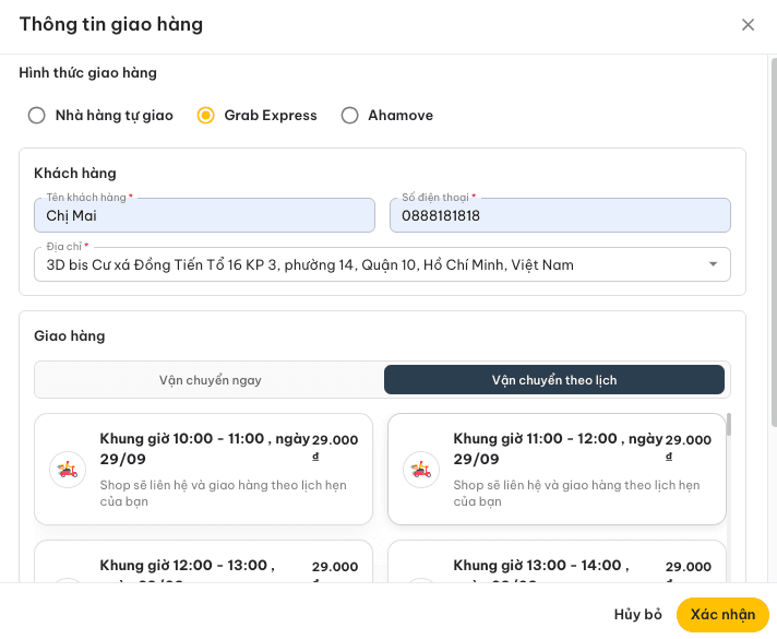 Cửa sổ nhập thông tin giao hàng và chọn đơn vị vận chuyển