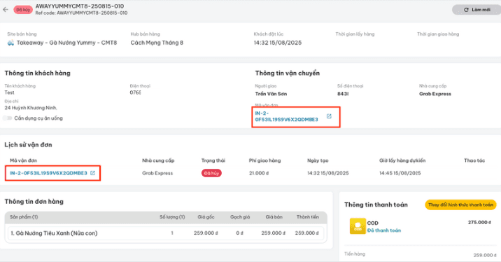 Thông tin vận đơn và mã vận đơn trong chi tiết đơn hàng