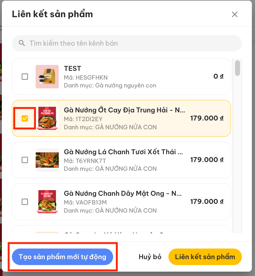 Chọn sản phẩm để liên kết hoặc tạo sản phẩm mới tự động