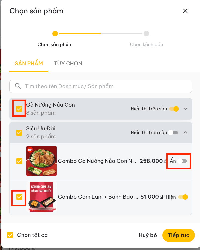 Chọn sản phẩm theo nhóm/riêng lẻ và bật/tắt trạng thái hiển thị trên sàn
