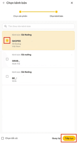 Chọn kênh bán (gian hàng) cần đồng bộ tới