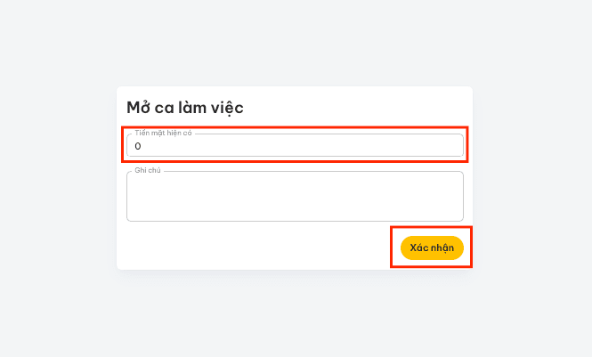Màn hình yêu cầu mở ca làm việc