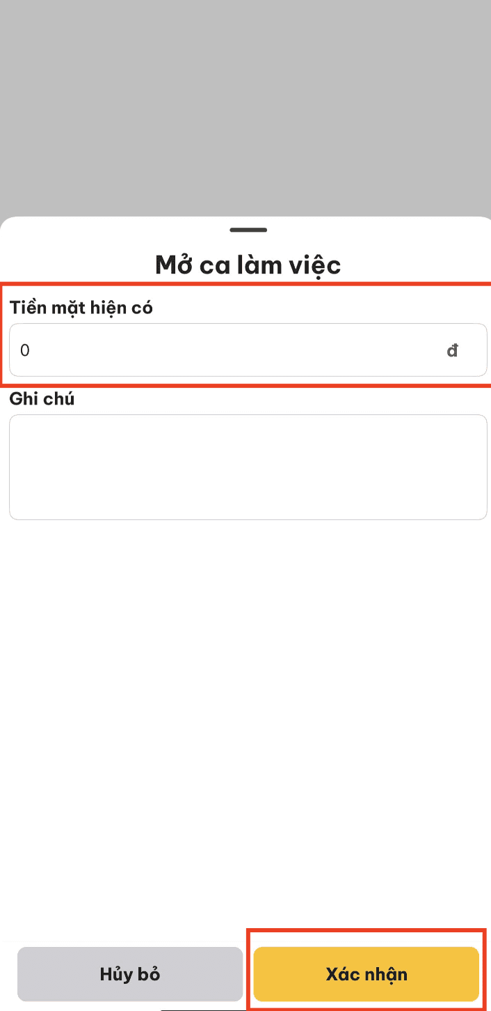 Nhập thông tin tiền mặt đầu ca