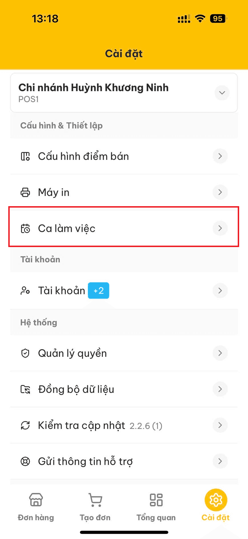 Mục Cài đặt để xem ca làm việc trên di động