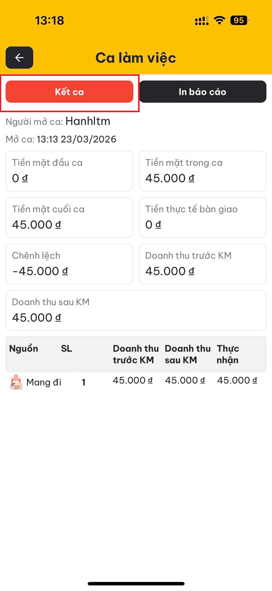 Chọn Kết ca trên thiết bị di động