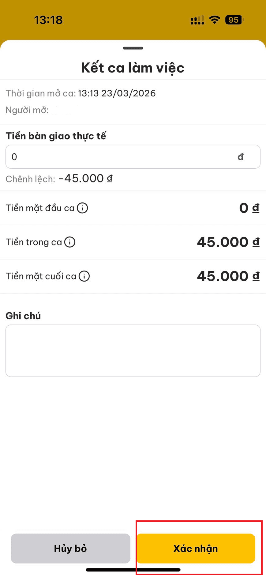 Xác nhận kết ca trên thiết bị di động