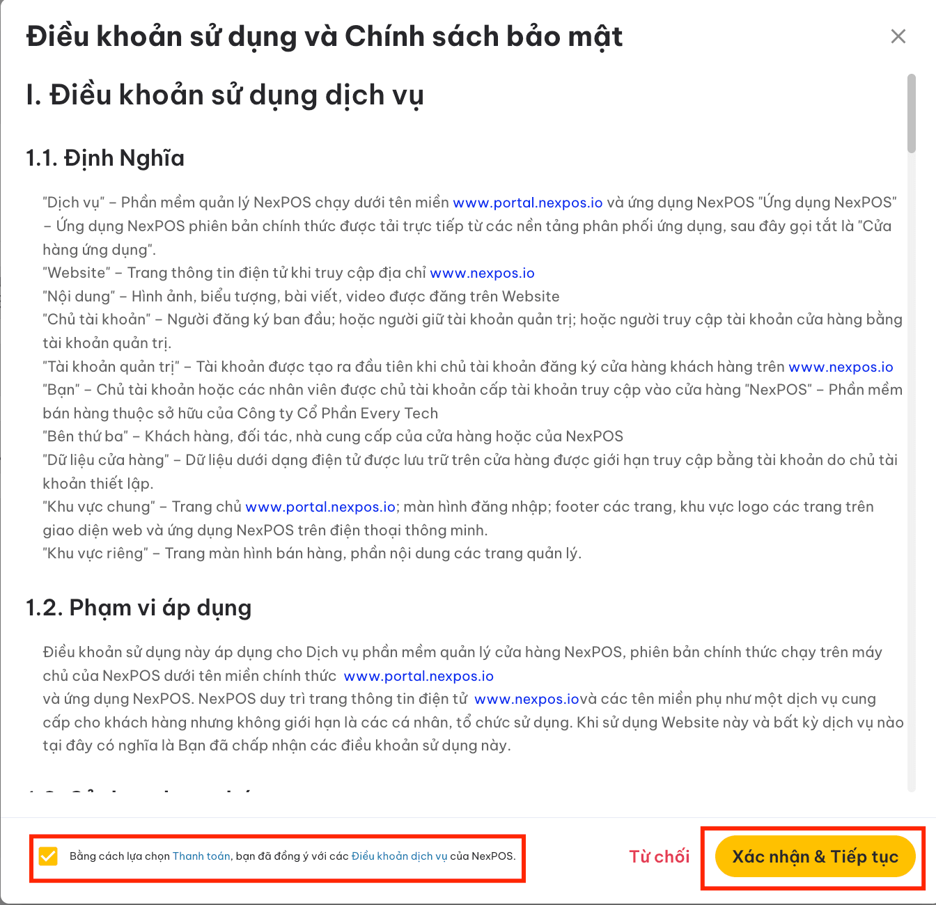 Màn hình điều khoản sử dụng và chính sách bảo mật