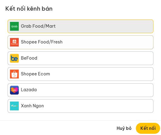 Danh sách các kênh bán Food App để lựa chọn kết nối