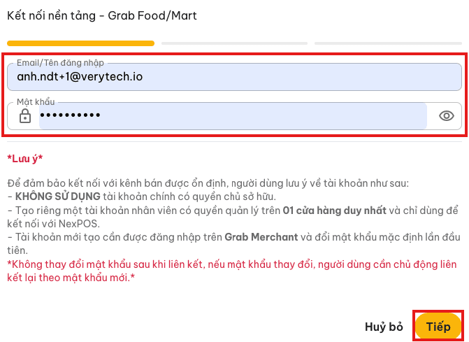 Màn hình nhập thông tin đăng nhập tài khoản Grab Merchant