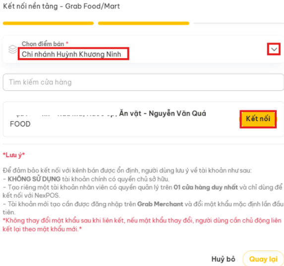 Màn hình chọn điểm bán để gắn với kênh bán Grab