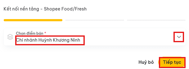 Màn hình chọn điểm bán để kết nối Shopee Food