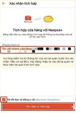 Màn hình xác nhận và tích hợp cửa hàng Shopee với Nexpos+
