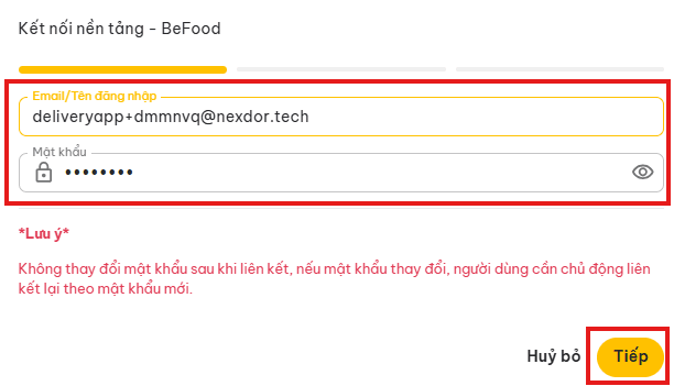 Màn hình nhập thông tin đăng nhập tài khoản beMerchant