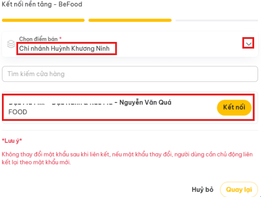 Màn hình chọn điểm bán và cửa hàng để kết nối Be