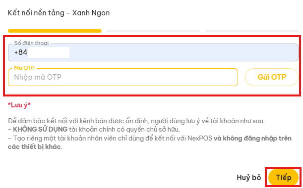 Màn hình nhập số điện thoại và mã OTP của Xanh SM Merchant