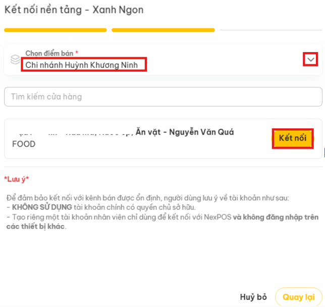 Màn hình chọn điểm bán để kết nối Xanh Ngon