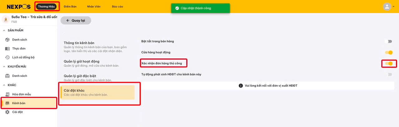 Màn hình bật tính năng Xác nhận đơn hàng thủ công trong Cài đặt khác