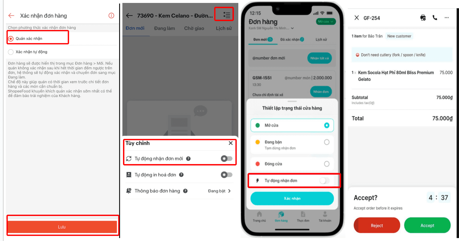 Màn hình bật chế độ xác nhận đơn thủ công trên Food App Merchant