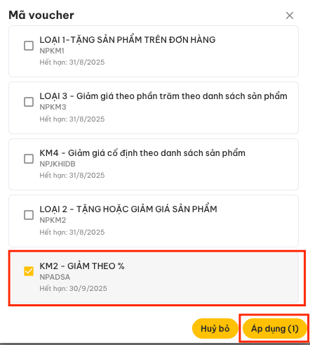 Danh sách khuyến mãi được phép áp dụng