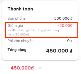 Thông tin khuyến mãi hiển thị trong phần thanh toán đơn hàng
