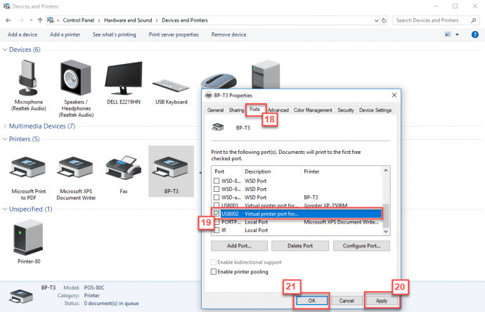 Chọn đúng cổng USB trong tab Port và nhấn Apply, OK