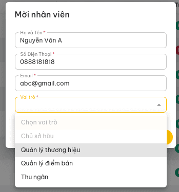 Màn hình khai báo thông tin mời nhân viên