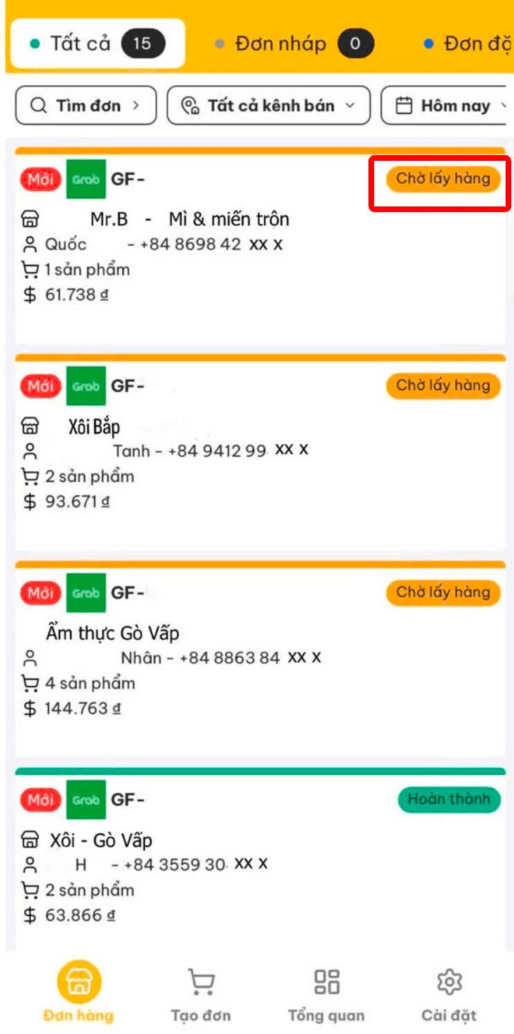 Danh sách đơn hàng với các bộ lọc trên POSApp
