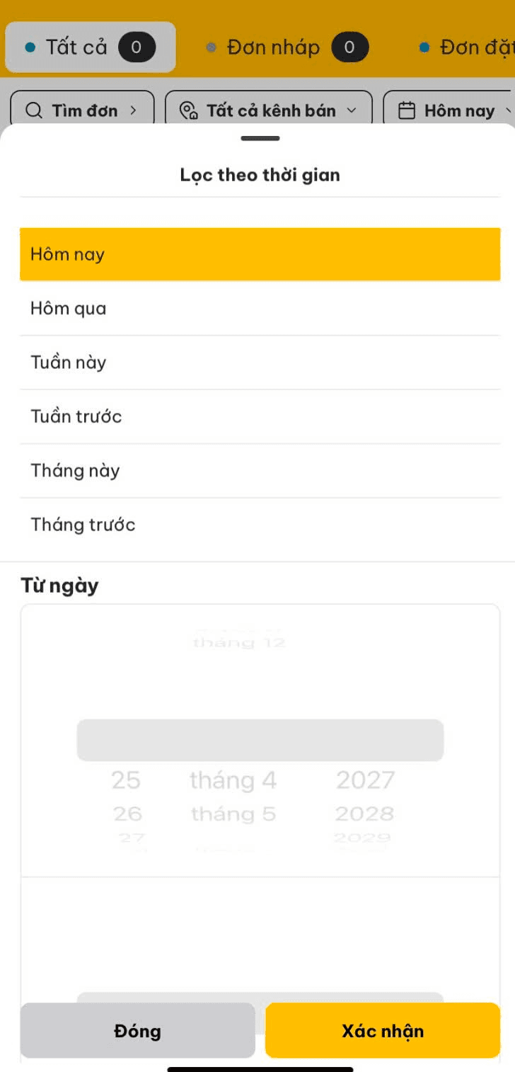 Bộ lọc đơn hàng theo Thời gian đặt đơn trên POSApp