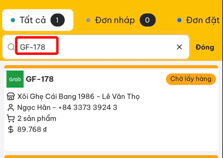 Thanh tìm kiếm đơn hàng theo mã đơn trên POSApp