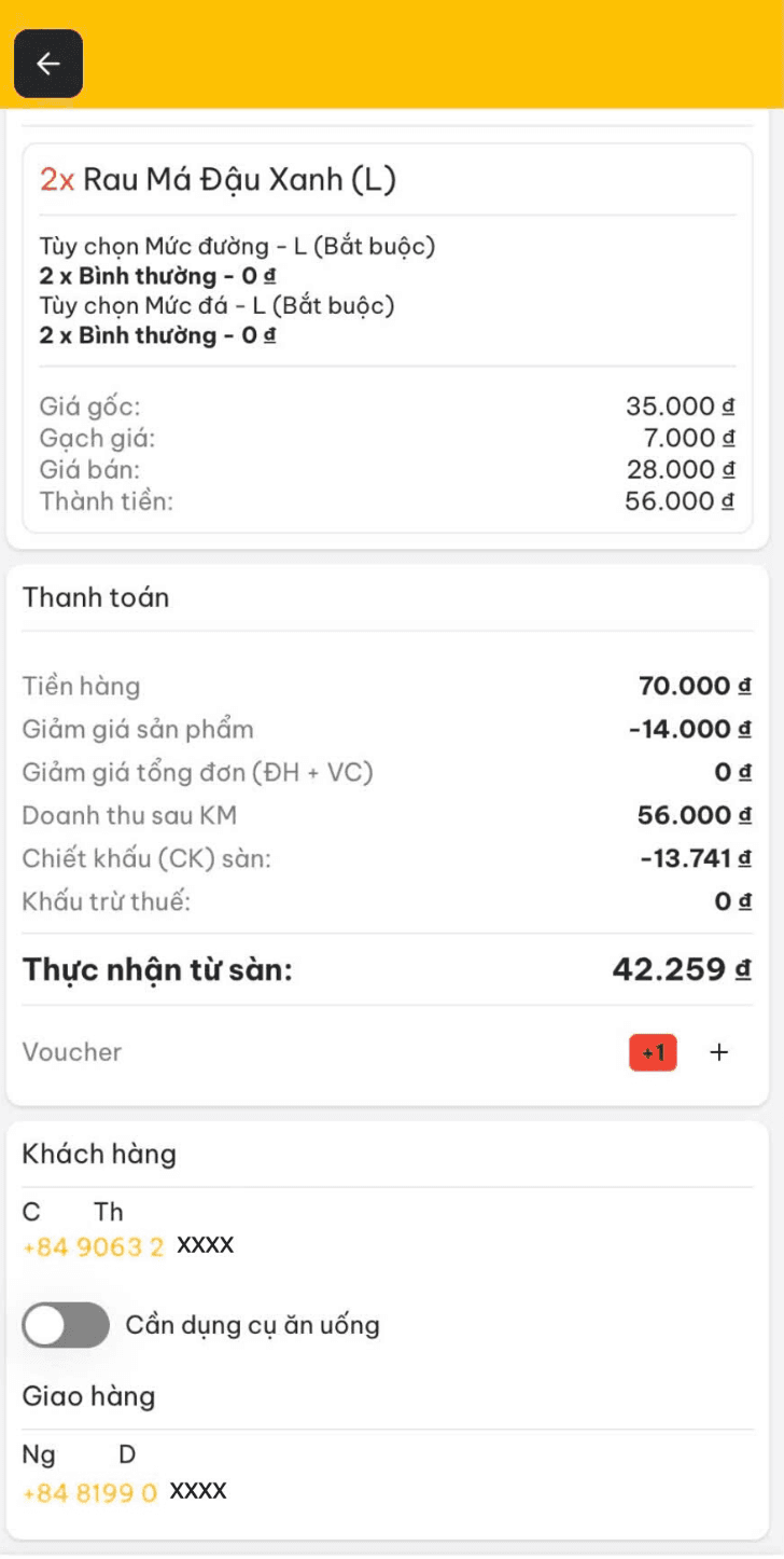 Chi tiết hàng hóa và doanh thu của đơn hàng trên POSApp