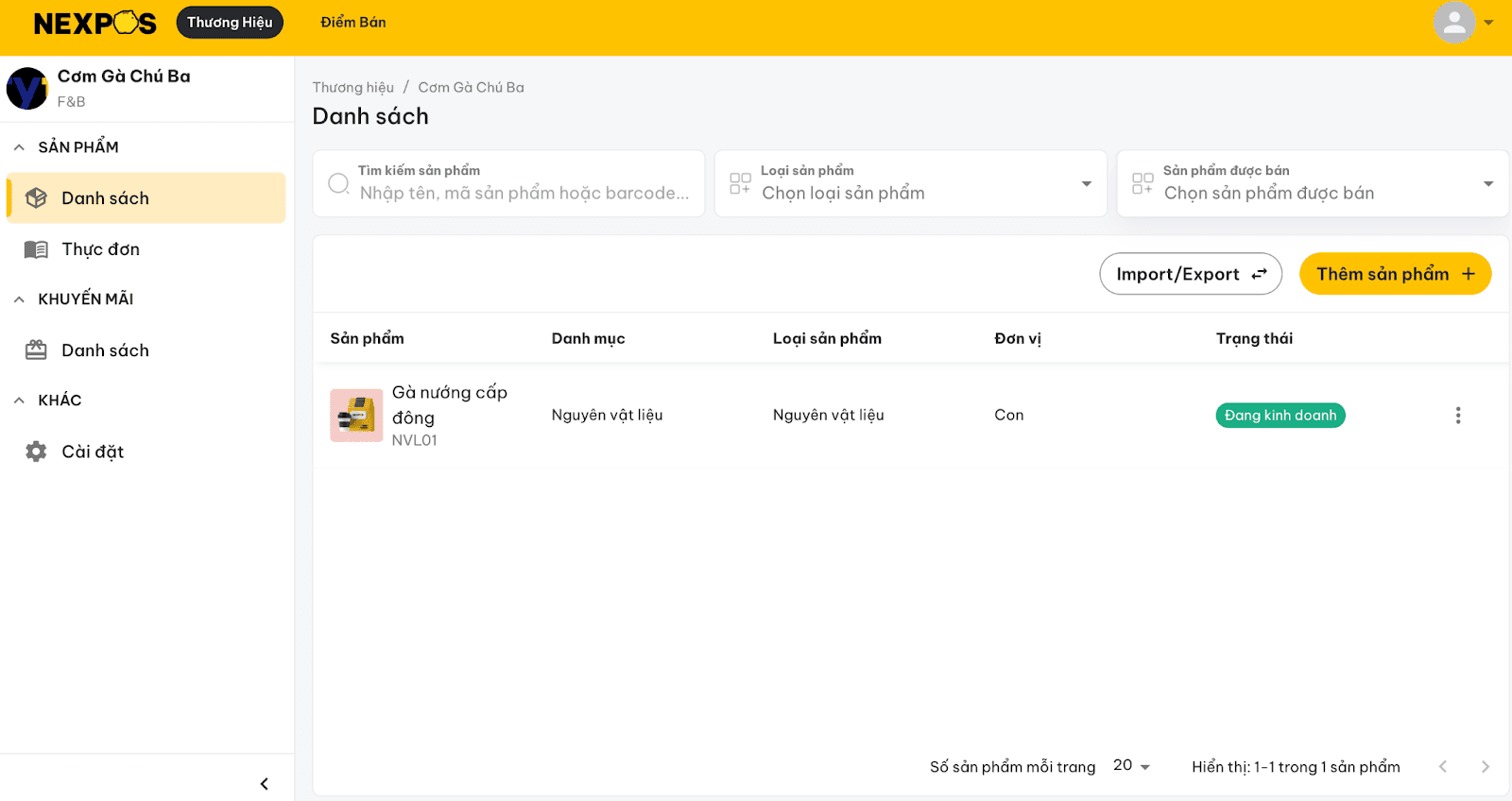 Màn hình danh sách sản phẩm trên NexPOS