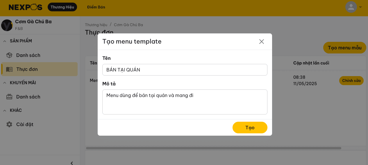 Màn hình tạo menu mẫu