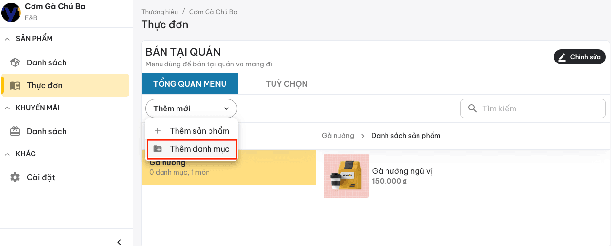 Giao diện chỉnh sửa thực đơn với tùy chọn Thêm danh mục