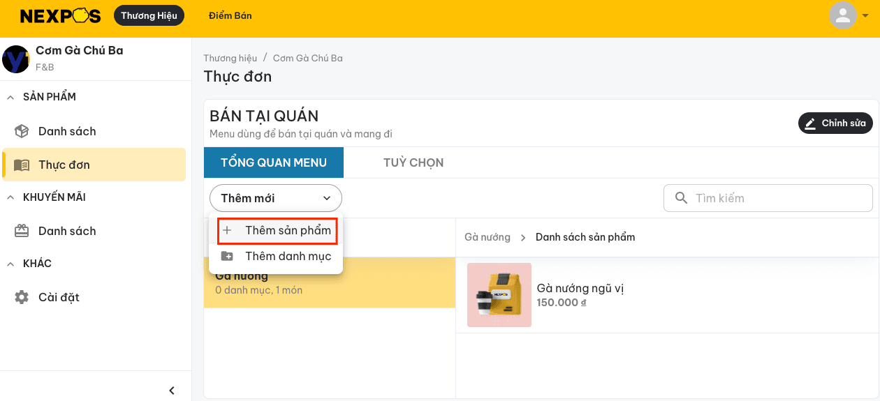 Tùy chọn Thêm sản phẩm trong giao diện chỉnh sửa thực đơn