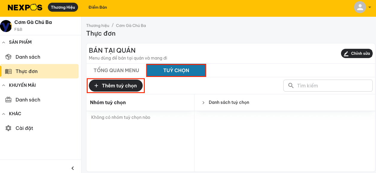 Phân hệ Tùy chọn trong chi tiết thực đơn